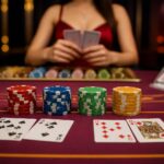Meja baccarat live casino dengan chip dan kartu