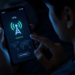 Ilustrasi pengguna HP mengaktifkan VPN di ruangan gelap